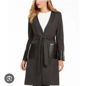 Calvin Klein Faux-Leather-Trim‎ Belted Cardigan Light Gray Size 16